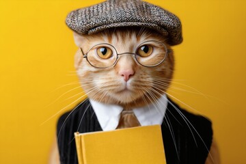 Intelligent ginger cat in glasses and cap holding book on yellow background