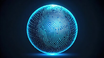 A digital fingerprint glows, a glowing blue sphere symbolizing the concept of cybersecurity. Intricate lines illustrate the biometric data, hinting at a world of secure technology. - Powered by Adobe