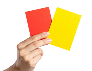 Referee Hand Holding Yellow and Red Cards Side by Side, Isolated on Black Background PNG