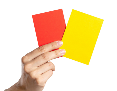 Referee Hand Holding Yellow and Red Cards Side by Side, Isolated on Black Background PNG - Powered by Adobe