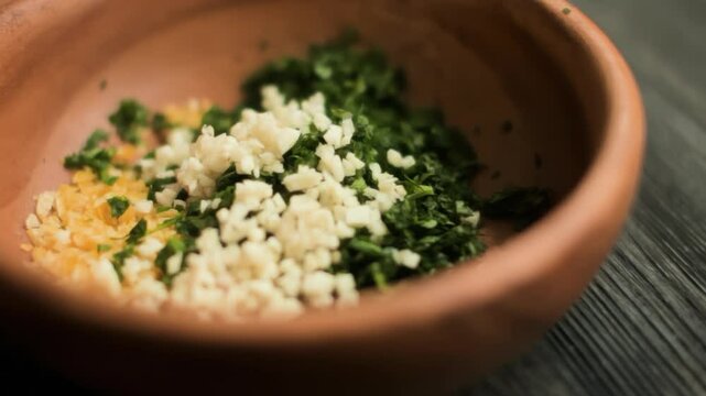 Close-up shot. Finely minced garlic falls into a wooden bowl with fresh chopped parsley and lemon zest. The process of making a traditional Italian aromatic Gremolata condiment