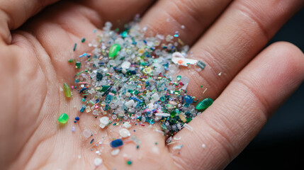 Close up side view of microplastics scattered on human hand, symbolizing serious water pollution, global warming, climate change, environmental damage, ocean contamination, and plastic waste crisis