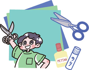 紙工作の道具とハサミを持った男の子のイラスト