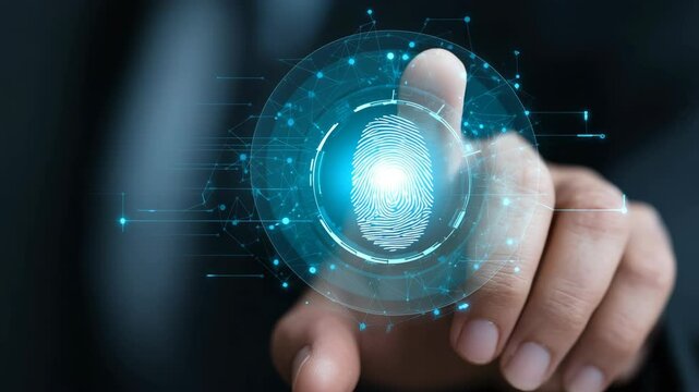 Futuristic tech, biometric authentication with fingerprint scan. Digital identity, cybersecurity, data protection concept - Powered by Adobe