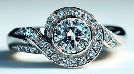 Platinum ring with central round diamond and smaller pave diamonds encircling, on a white surface