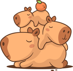 Cute family of capybaras sleeping together. Funny kawaii cartoon illustration