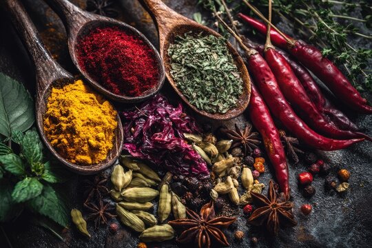 Colorful spices in wooden spoons