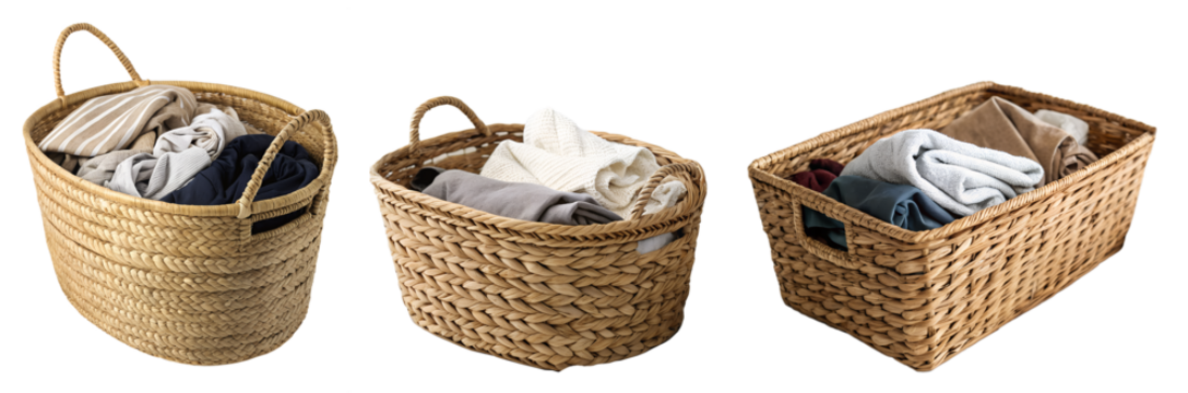 Collection of laundry baskets isolated on a transparent background. The concept of cleaning and clean billiards.