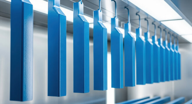Uniform blue metal components hanging in automated powder coating line at modern manufacturing plant, highlighting industrial efficiency, surface finishing and mass production technology