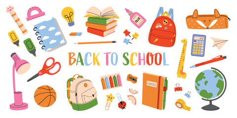 Back to school illustration set with school supplies and education elements. Cute flat stationery: backpack, globe, books, pencils, notebook, scissors, lamp. Clipart isolated on white background.