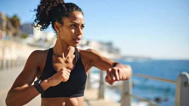 A determined young woman in athletic wear, captured during her rigorous fitness training by the coast, radiates strength and resolve, demonstrating her commitment to a healthy lifestyle.