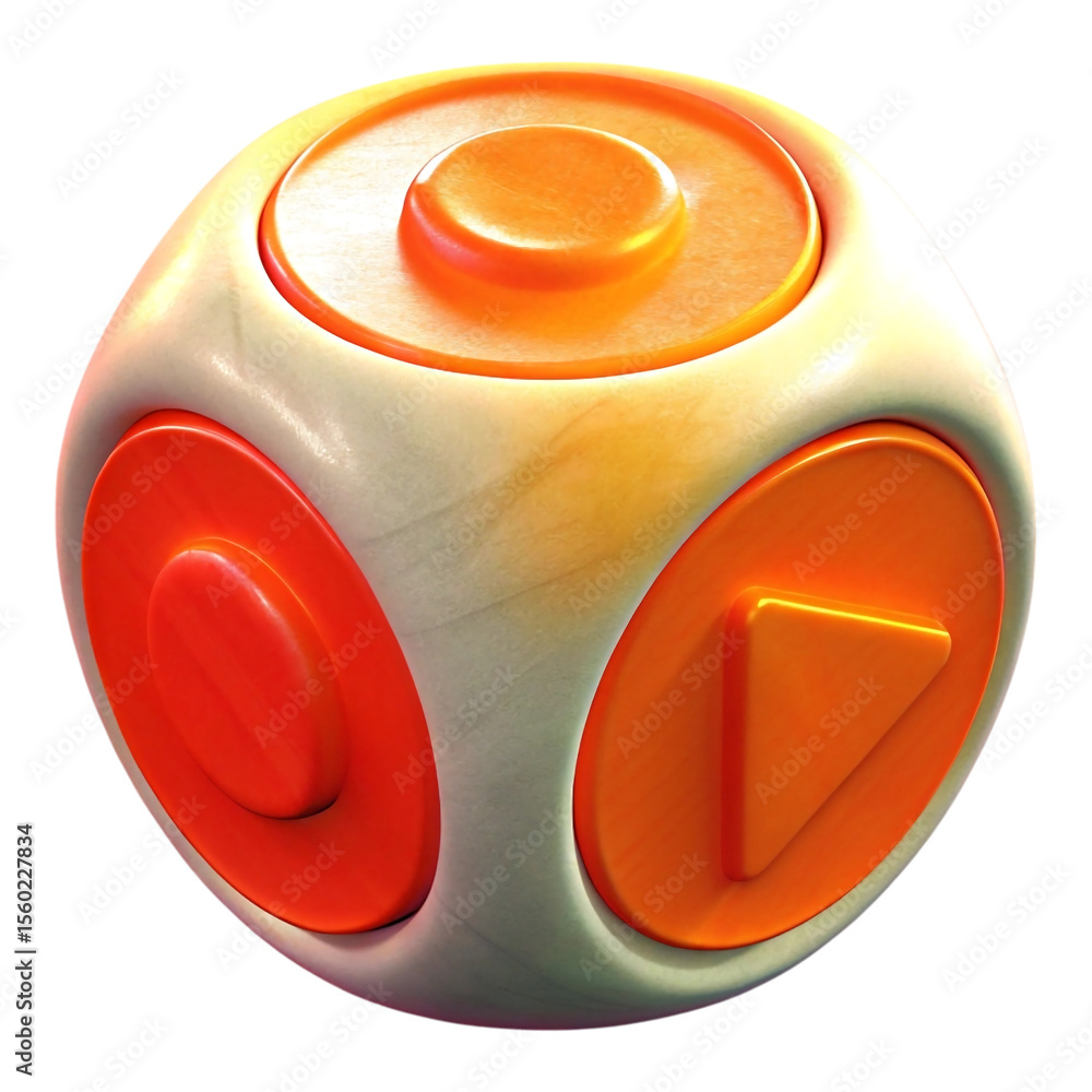 Fototapete 3 d rendered stylized cube icon with orange circular and triangular elements on a white and orange s