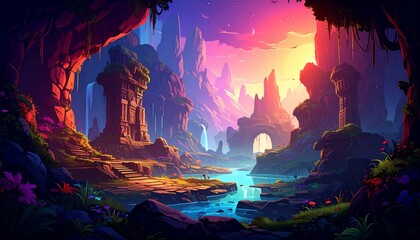 Vibrant Fantasy Landscape: Ancient Ruins by a Serene River