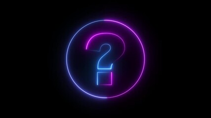 Question mark icon animation glowing neon purple and blue color confusion mark quiz sign symbol on black background. question mark symbol inside a circle. - Powered by Adobe