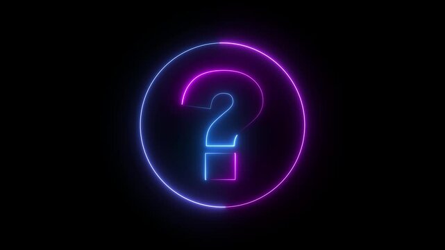 Question mark icon animation glowing neon purple and blue color confusion mark quiz sign symbol on black background. question mark symbol inside a circle.