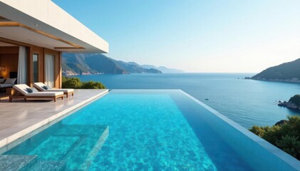 Fototapeta premium Expansive ocean view, infinity pool, modern architecture, serene, relaxing