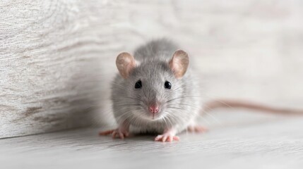 Close up of grey rat standing near wooden wall on house floor, representing pest infestation, hygiene problem, rodent control, home contamination, disease spread, and need for pest control services