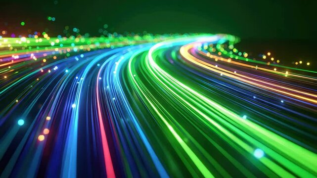 Vibrant streams of light trace paths across the frame, creating an abstract landscape of colorful energy. The image evokes a sense of dynamic movement and technological advancement.