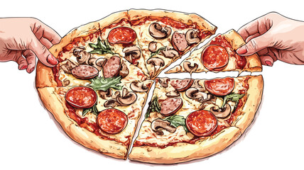 Hands Taking Pizza Pieces - Close-up of Italian Food Pepperoni