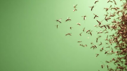 Fototapeta premium Side view of a swarm of flying mosquitoes hovering against a bright green background, showing insect behavior, pest infestation, disease risk, summer environment, and natural ecosystem concepts
