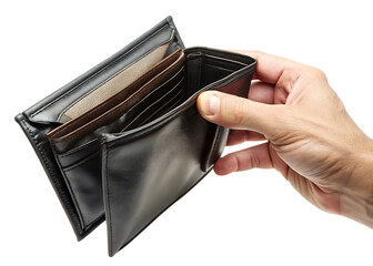 Hand holding open black leather wallet showing empty interior and card slots isolated on a transparent background