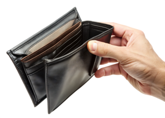 Hand holding open black leather wallet showing empty interior and card slots isolated on a transparent background