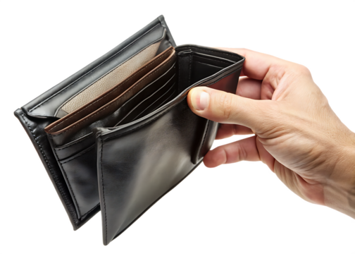 Hand holding open black leather wallet showing empty interior and card slots isolated on a transparent background