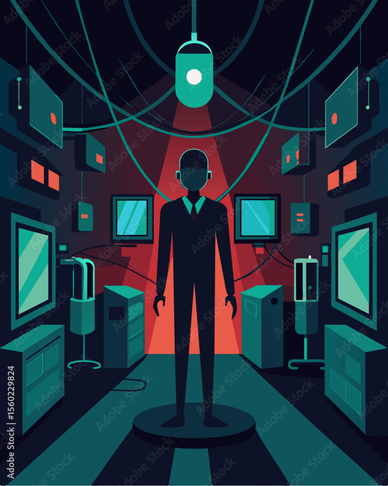 Poster a figure standing in a dark room surrounded by screens and wires representing the allconsuming power