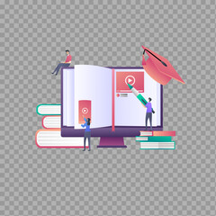 E-Learning Concept with Digital Book and Students – Online Education Vector on Transparent Background

