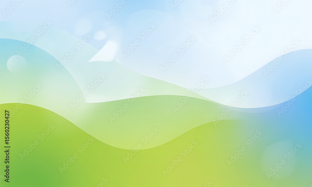Poster soft flowing abstract waves of green and blue with subtle bokeh highlights