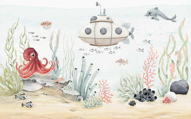 Watercolor seabed landscape with cartoon sea characters, submarine, seaweeds, plants, coral reef, sea sponges and small fishes. Panoramic hand drawn marine border for your design cover or cute mural.