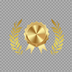Golden Award Badge with Laurel Wreath – Premium Medal Ribbon on Transparent Background


