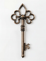 Photorealistic close-up of a single antique skeleton key, intricate details of the key bit and bow, subtle metallic sheen, casting a soft shadow on a pristine white background, studio lighting.