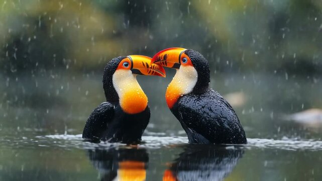 Two toucans in a rain shower.