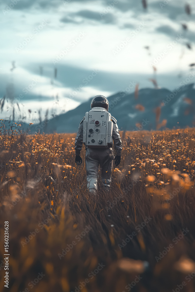 Poster man in a spacesuit walks through a field of tall grass