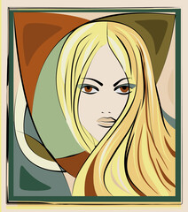 A woman with long, flowing blonde hair is depicted with strikingly defined facial features. The background consists of abstract shapes and earthy tones, creating a modern and stylish composition.