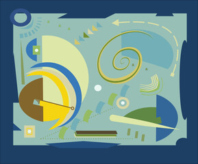 Abstract geometric shapes  are arranged in a harmonious composition with a color palette of blues, greens, and yellows. Curved lines and spirals interact with sharp angles