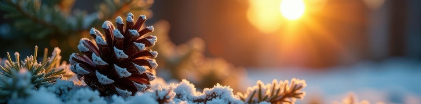 Late afternoon sun glistens on frosted pinecone , scenic, december