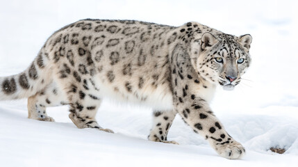 The elusive snow leopard strides majestically through a snow-covered landscape with its unique spotted fur and captivating blue eyes.