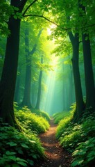 Obraz premium Lush green canopy, sunlight dappling forest floor, undergrowth, leaves, canopy