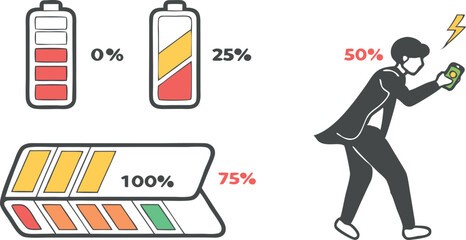 Colorful Battery Indicator Icons Showing Power Levels in Steps.