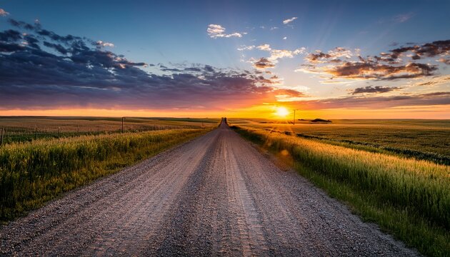 sunset over a gravel road between fields on the saskatchewan prairies focus on foreground