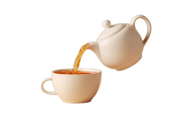 Cream-colored teapot pouring steaming tea into a matching cup