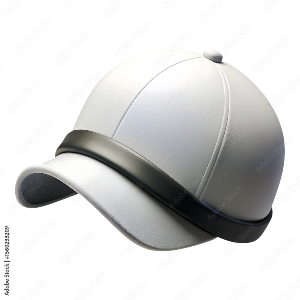 Poster 3 d rendered white peaked cap with a black visor and a small button on top, a simple design isolated