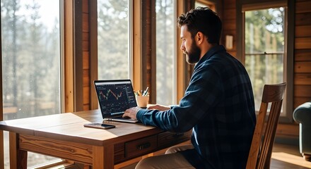 Man Working on Laptop in Cozy Cabin - Remote Work with Forest View from Window, Digital Nomad Lifestyle in Nature