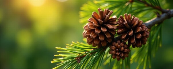 Mature pinecones huddle on a pine bough, sunlight dappled , shadows, plant