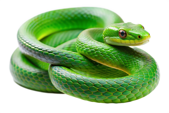 Vivid green snake coiled on a black background with detailed scales and visible eyes isolated on a transparent background