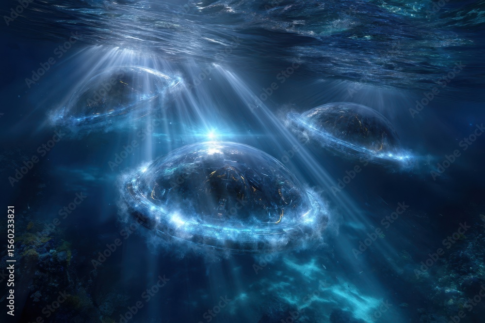 Poster underwater domes illuminated by beams of light in an oceanic setting