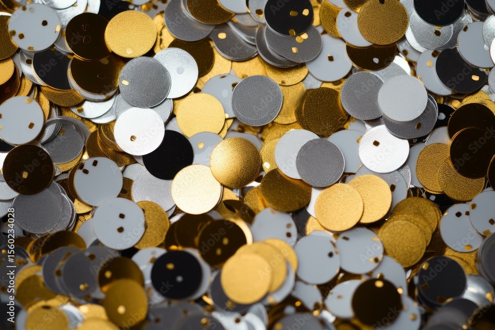 Poster metallic round sequins in gold, silver, black and white creating a sparkling festive background