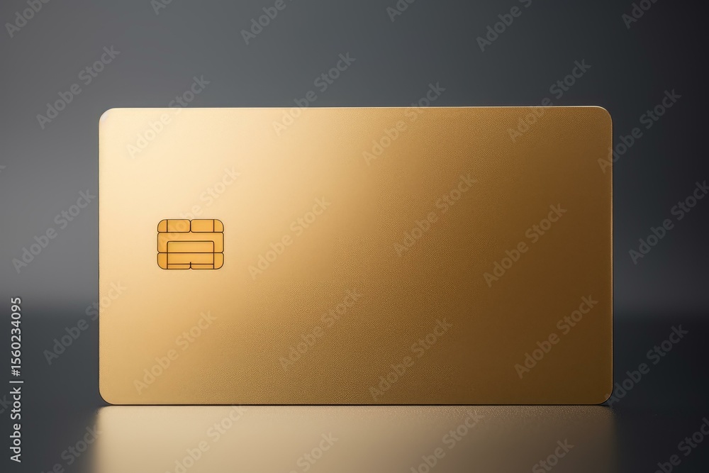 Poster golden credit card standing on dark reflective background showing microchip, secure payment concept